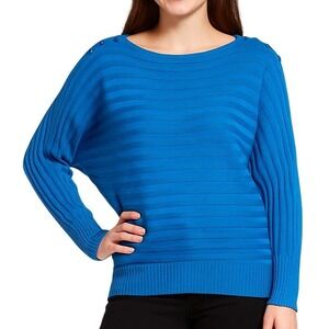 Joseph A Pullover Sweater Large Blue Cable Ribbed Trim Shoulder Buttons Chic NEW